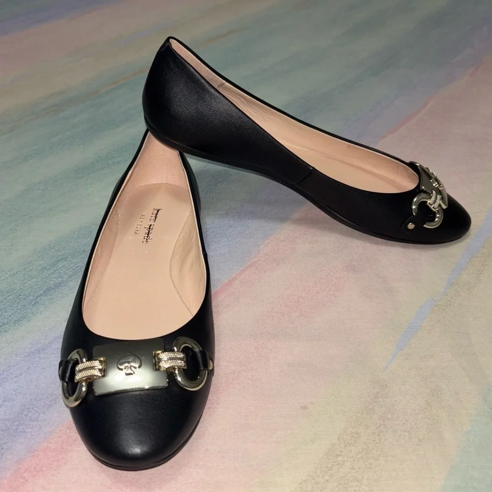 Kate Spade Payton Leather Black and Silver Slip on Flats size 7 B